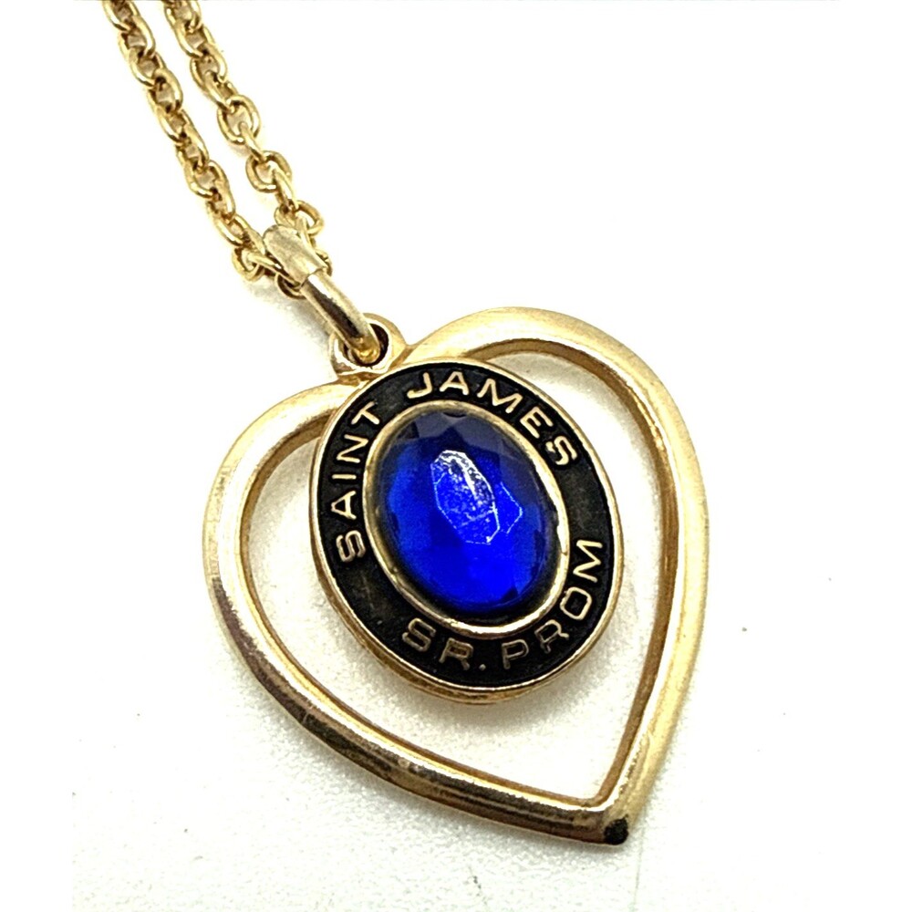 Vintage 1977 Senior Prom Class Pendant Necklace Blue Stone Saint James HS 18"